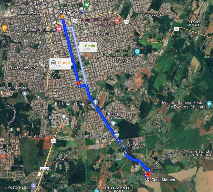 Mapa de localização da Casa Malbec em relação ao centro de Chapecó